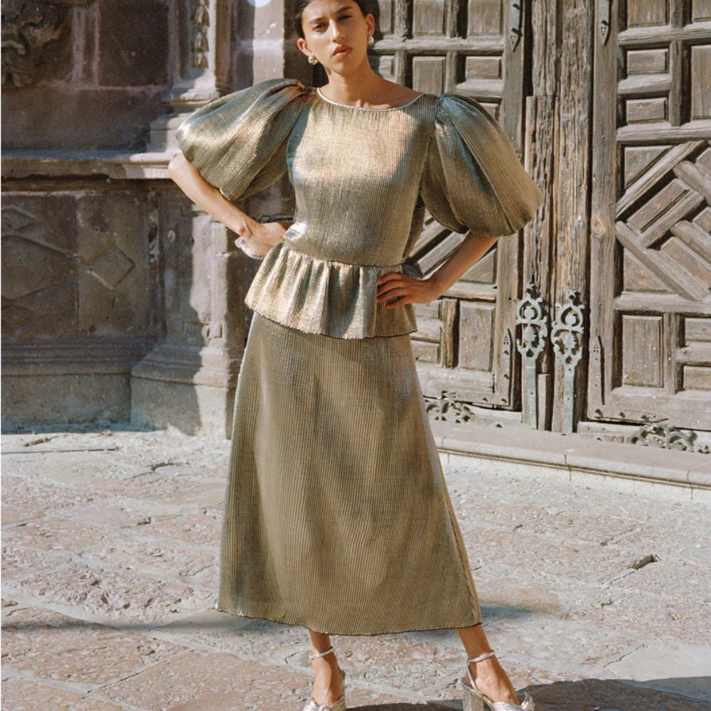 NWT Loeffler Randall Dorit Puff- Sleeve Pleated Bow Back Dress